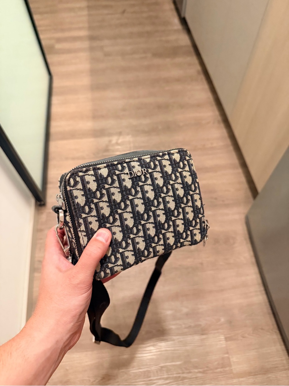 Oblique Canvas Mini Crossbody Bag in Navy and Cream